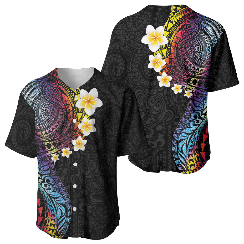 Hawaiian Tribal Tattoo and Plumeria Baseball Jersey Polynesian Pattern Rainbow