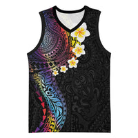 Hawaiian Tribal Tattoo and Plumeria Basketball Jersey Polynesian Pattern Rainbow