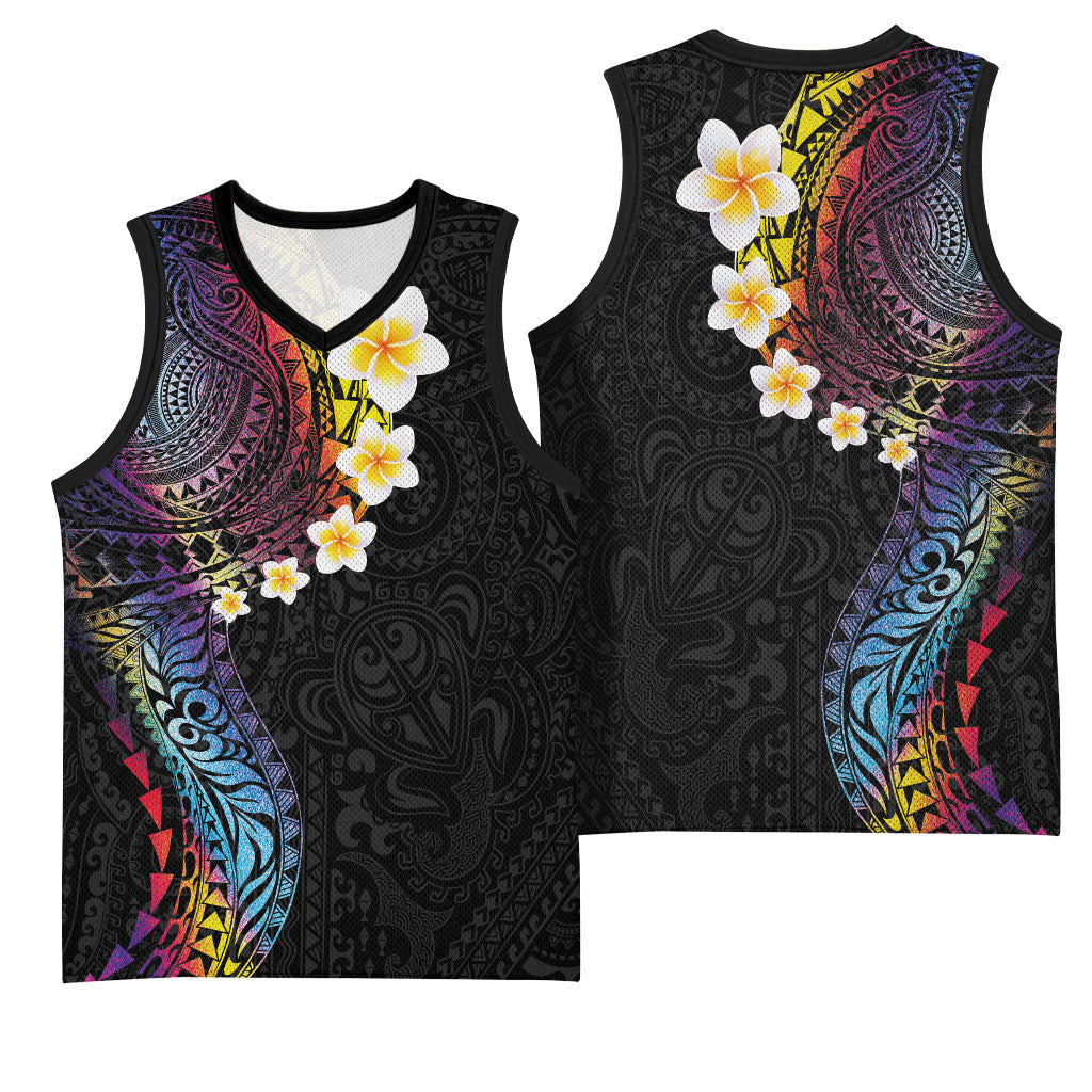 Hawaiian Tribal Tattoo and Plumeria Basketball Jersey Polynesian Pattern Rainbow