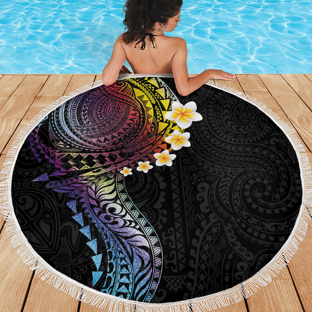 Hawaiian Tribal Tattoo and Plumeria Beach Blanket Polynesian Pattern Rainbow