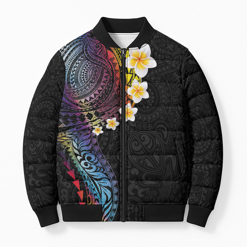 Hawaiian Tribal Tattoo and Plumeria Bomber Puffer Jacket Polynesian Pattern Rainbow