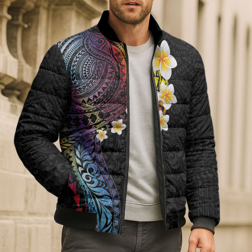 Hawaiian Tribal Tattoo and Plumeria Bomber Puffer Jacket Polynesian Pattern Rainbow