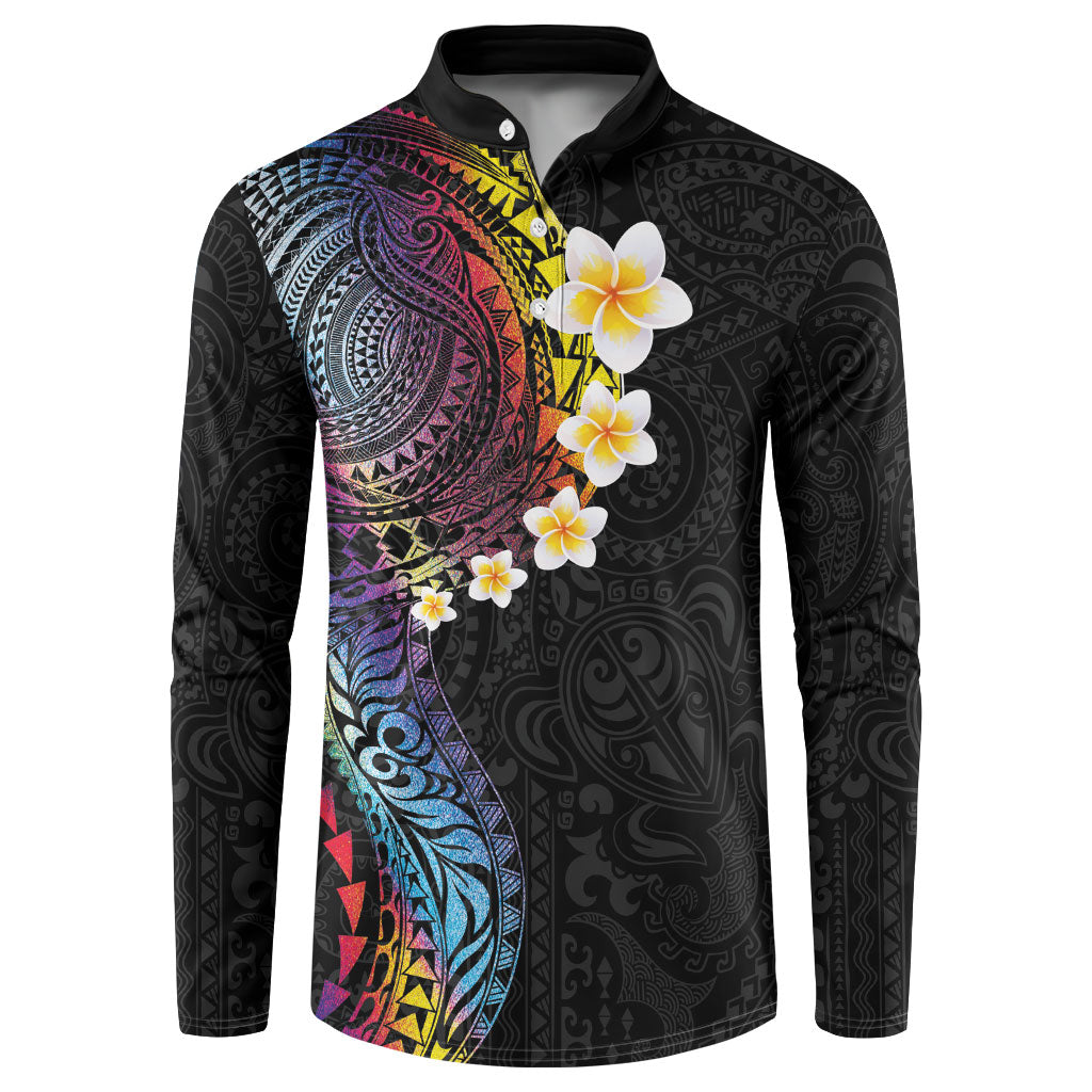 Hawaiian Tribal Tattoo and Plumeria Button Sweatshirt Polynesian Pattern Rainbow