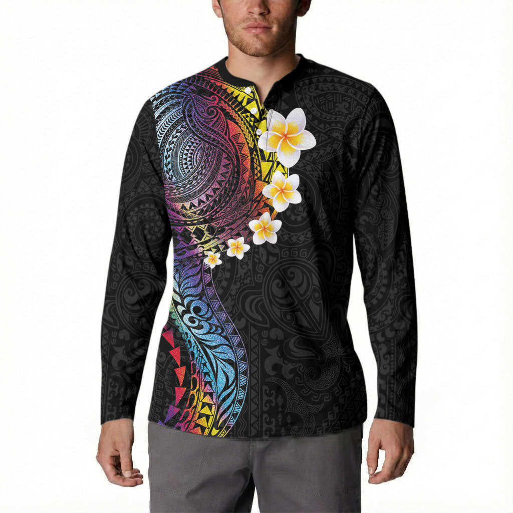 Hawaiian Tribal Tattoo and Plumeria Button Sweatshirt Polynesian Pattern Rainbow
