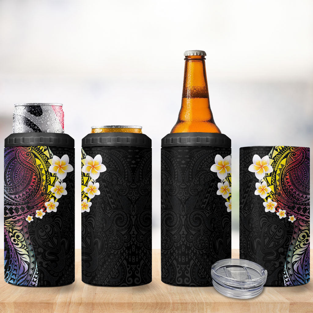 Hawaiian Tribal Tattoo and Plumeria 4 in 1 Can Cooler Tumbler Polynesian Pattern Rainbow