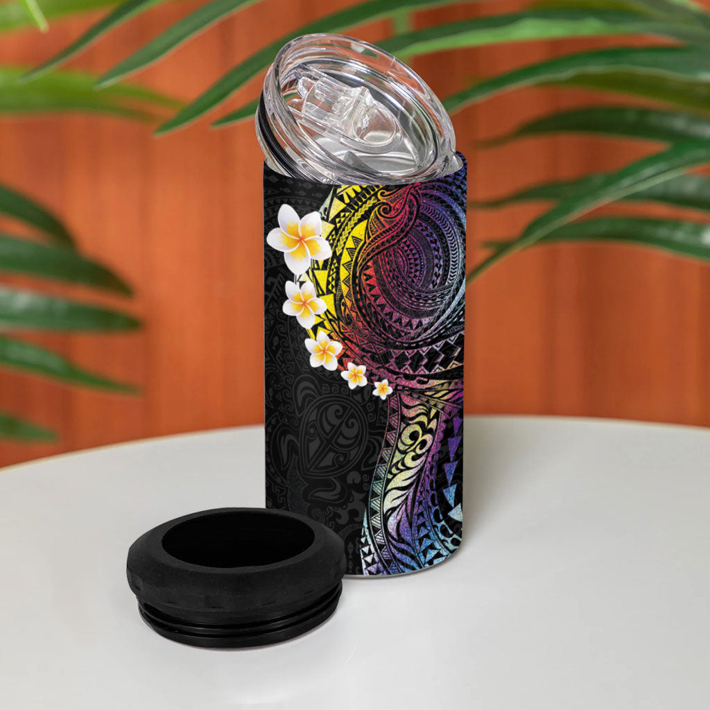 Hawaiian Tribal Tattoo and Plumeria 4 in 1 Can Cooler Tumbler Polynesian Pattern Rainbow