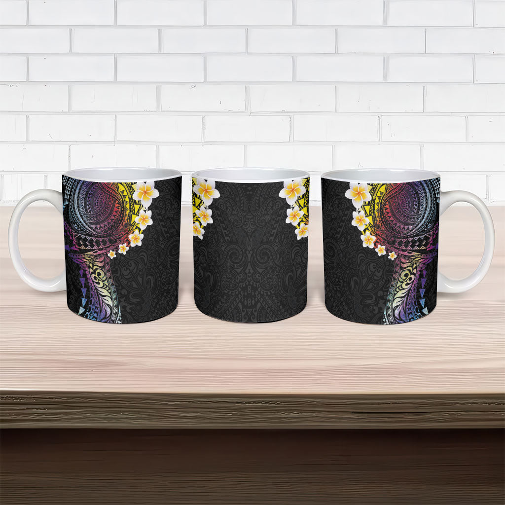 Hawaiian Tribal Tattoo and Plumeria Ceramic Mug Polynesian Pattern Rainbow