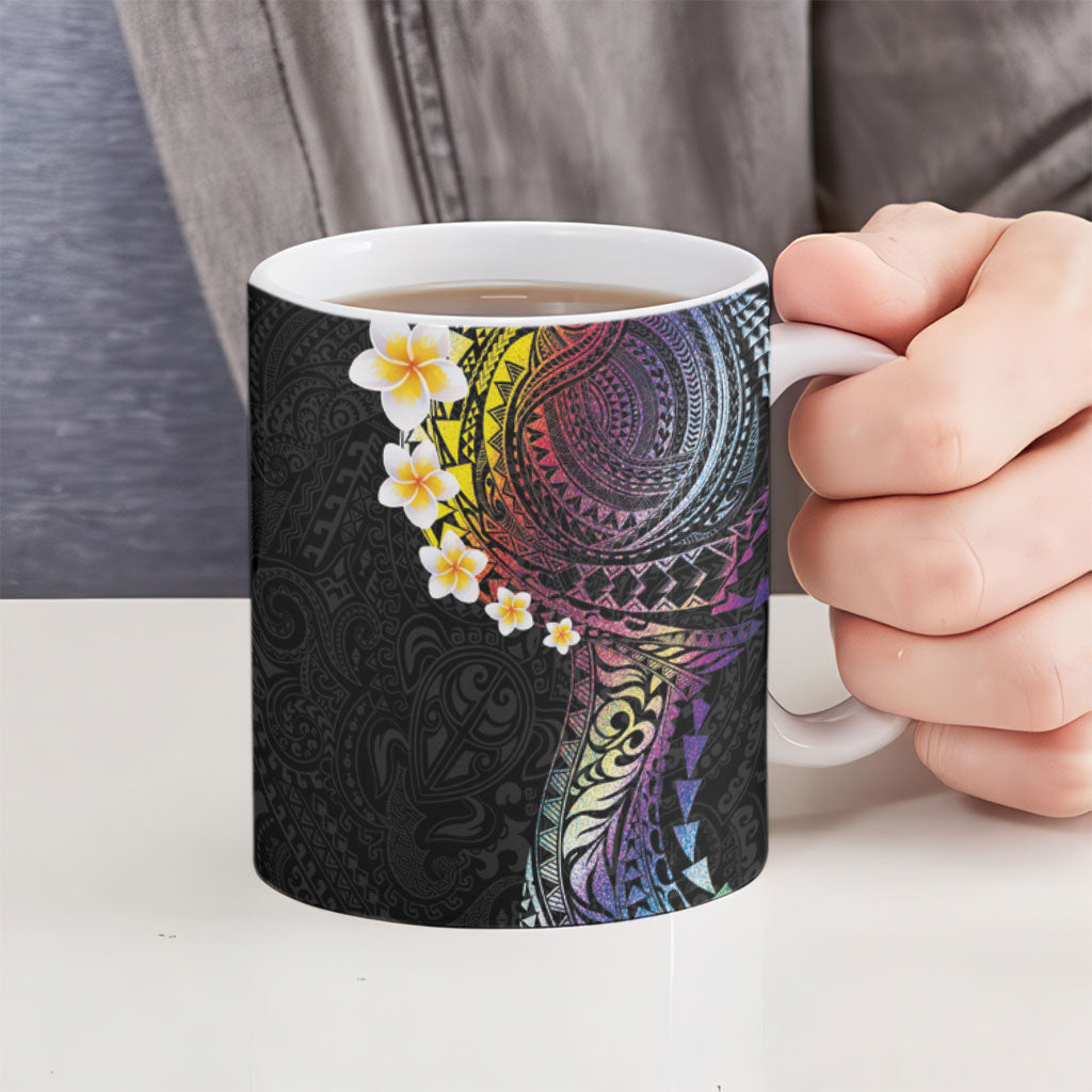 Hawaiian Tribal Tattoo and Plumeria Ceramic Mug Polynesian Pattern Rainbow