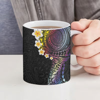 Hawaiian Tribal Tattoo and Plumeria Ceramic Mug Polynesian Pattern Rainbow