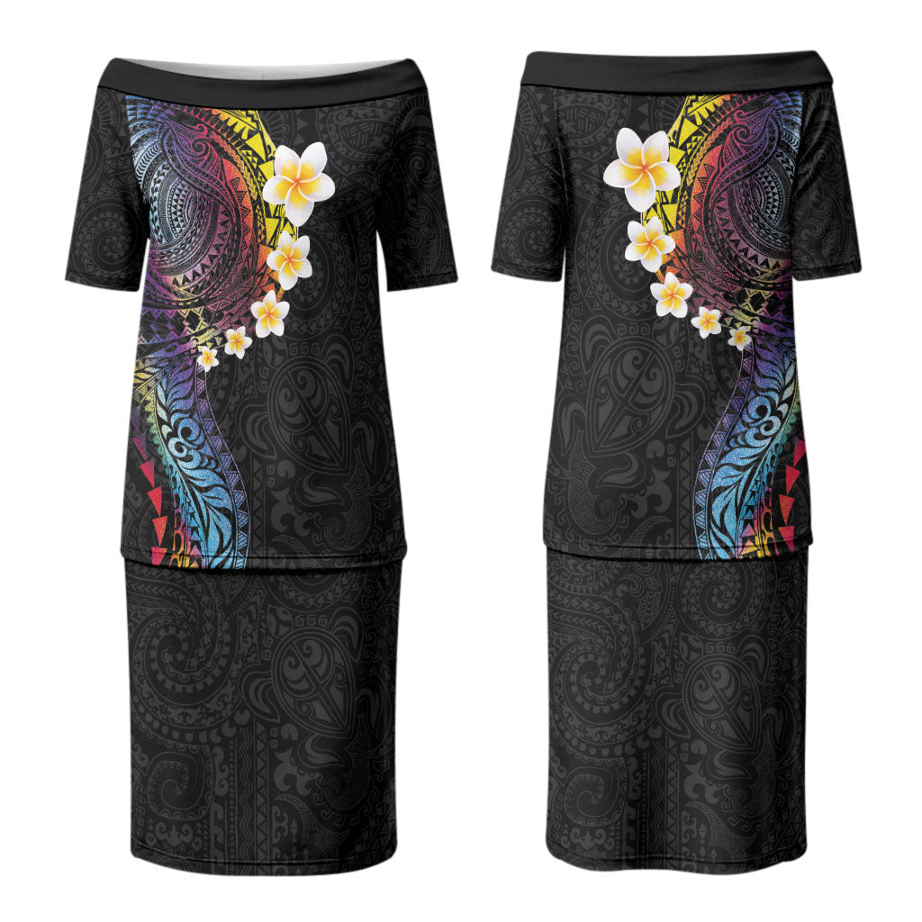 Hawaiian Tribal Tattoo and Plumeria Couples Matching Puletasi and Long Sleeve Button Shirt Polynesian Pattern Rainbow