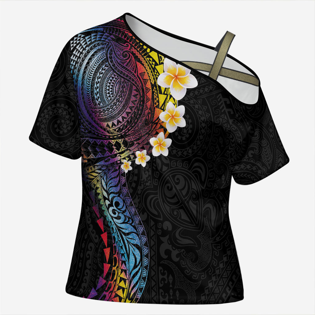 Hawaiian Tribal Tattoo and Plumeria Cross Shoulder Shirt Polynesian Pattern Rainbow