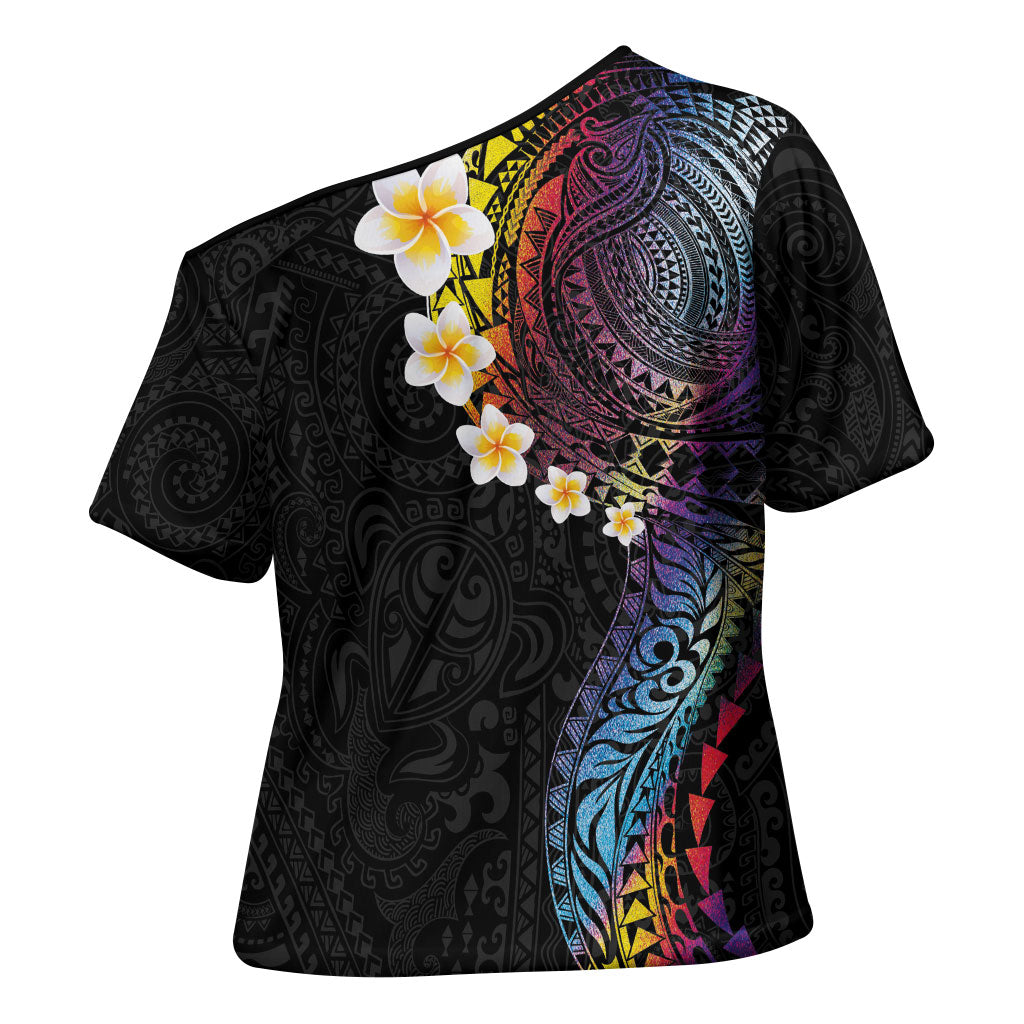 Hawaiian Tribal Tattoo and Plumeria Cross Shoulder Shirt Polynesian Pattern Rainbow