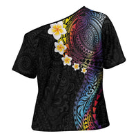Hawaiian Tribal Tattoo and Plumeria Cross Shoulder Shirt Polynesian Pattern Rainbow