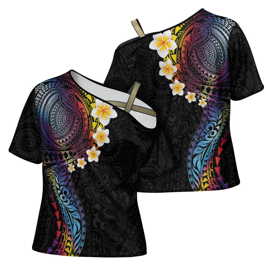 Hawaiian Tribal Tattoo and Plumeria Cross Shoulder Shirt Polynesian Pattern Rainbow
