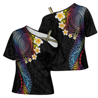 Hawaiian Tribal Tattoo and Plumeria Cross Shoulder Shirt Polynesian Pattern Rainbow