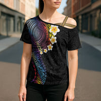 Hawaiian Tribal Tattoo and Plumeria Cross Shoulder Shirt Polynesian Pattern Rainbow