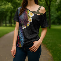 Hawaiian Tribal Tattoo and Plumeria Cross Shoulder Shirt Polynesian Pattern Rainbow