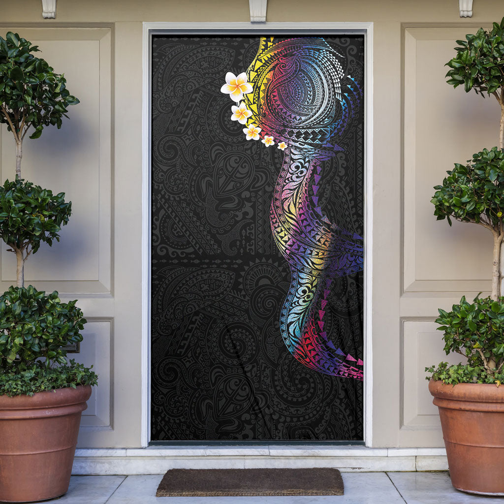 Hawaiian Tribal Tattoo and Plumeria Door Cover Polynesian Pattern Rainbow