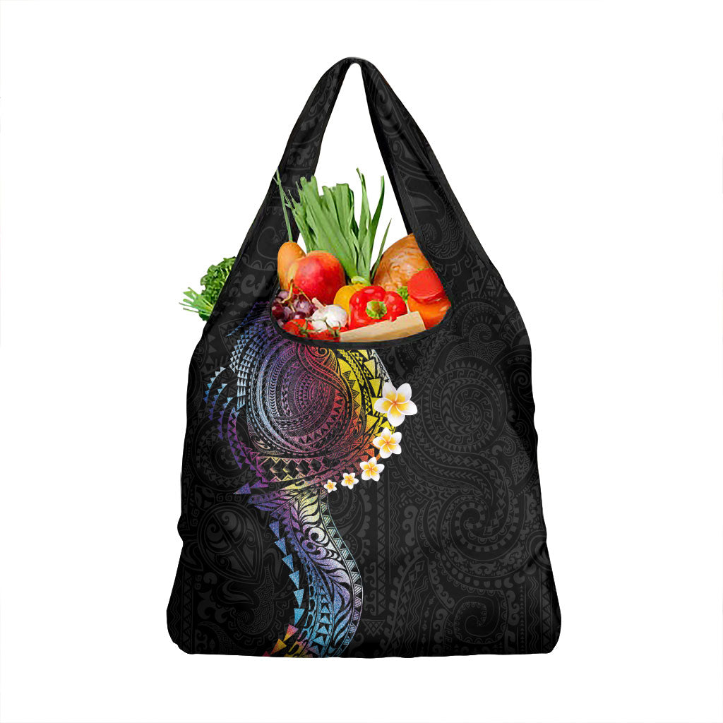 Hawaiian Tribal Tattoo and Plumeria Grocery Bag Polynesian Pattern Rainbow