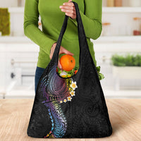Hawaiian Tribal Tattoo and Plumeria Grocery Bag Polynesian Pattern Rainbow