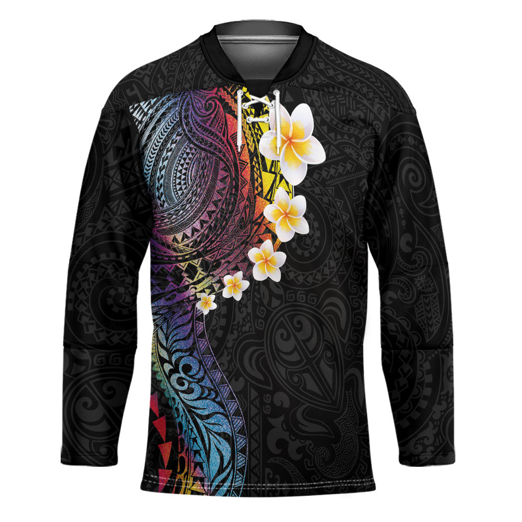 Hawaiian Tribal Tattoo and Plumeria Hockey Jersey Polynesian Pattern Rainbow