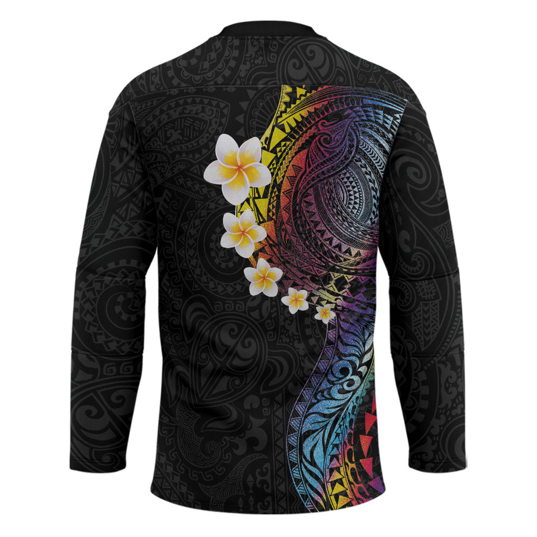 Hawaiian Tribal Tattoo and Plumeria Hockey Jersey Polynesian Pattern Rainbow