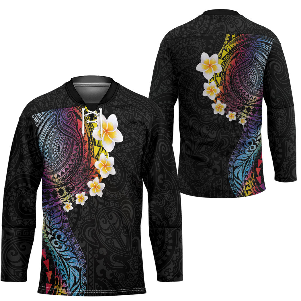 Hawaiian Tribal Tattoo and Plumeria Hockey Jersey Polynesian Pattern Rainbow