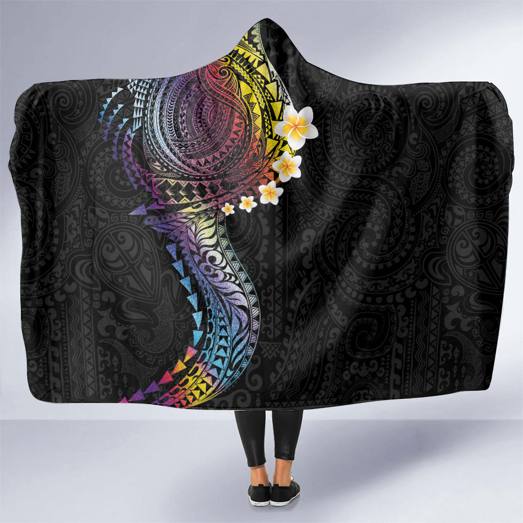 Hawaiian Tribal Tattoo and Plumeria Hooded Blanket Polynesian Pattern Rainbow