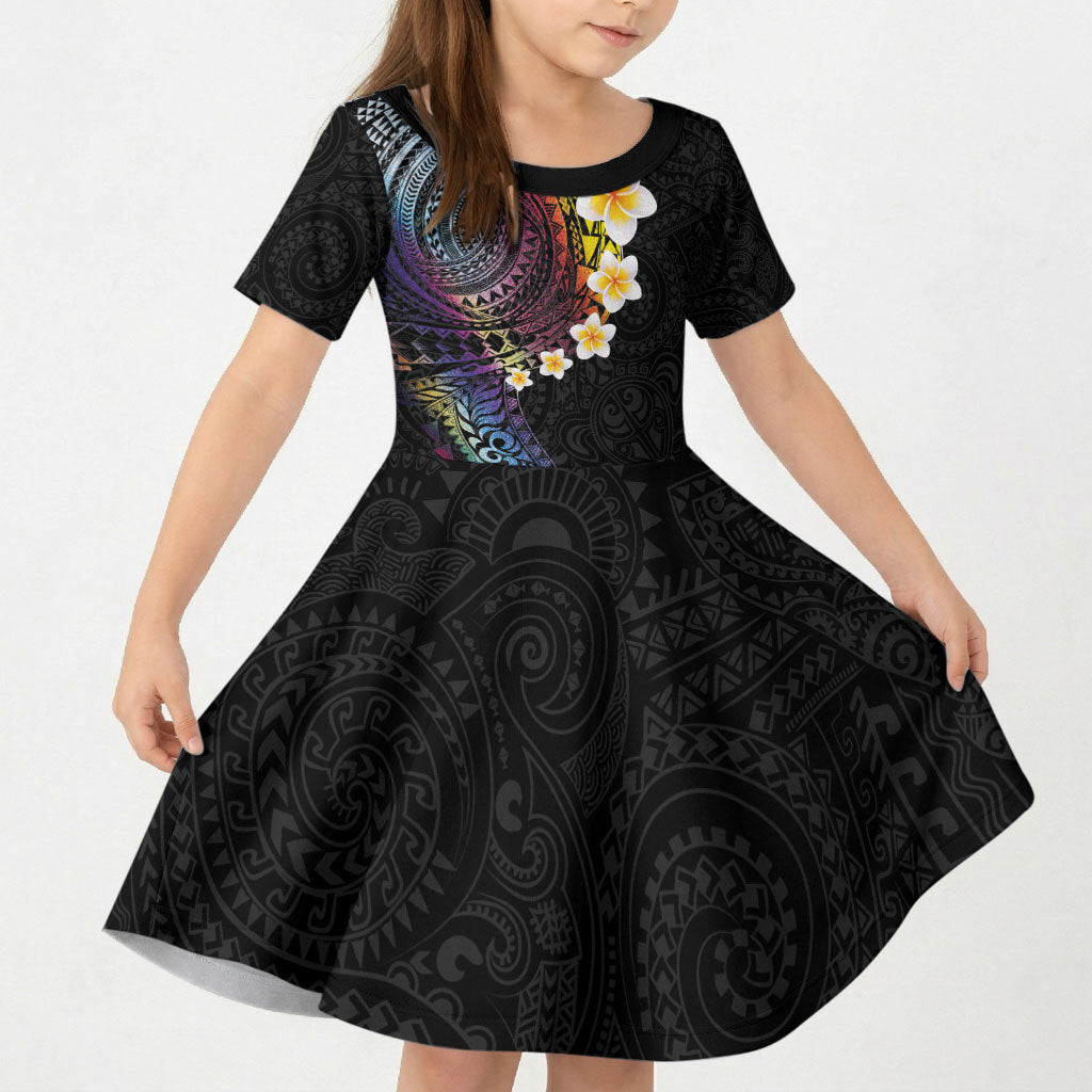 Hawaiian Tribal Tattoo and Plumeria Kid Short Sleeve Dress Polynesian Pattern Rainbow