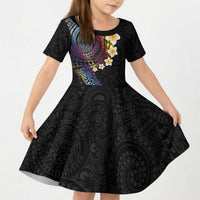 Hawaiian Tribal Tattoo and Plumeria Kid Short Sleeve Dress Polynesian Pattern Rainbow