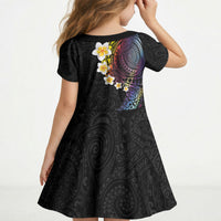 Hawaiian Tribal Tattoo and Plumeria Kid Short Sleeve Dress Polynesian Pattern Rainbow