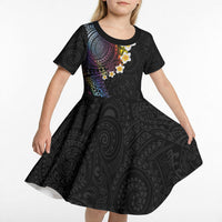Hawaiian Tribal Tattoo and Plumeria Kid Short Sleeve Dress Polynesian Pattern Rainbow
