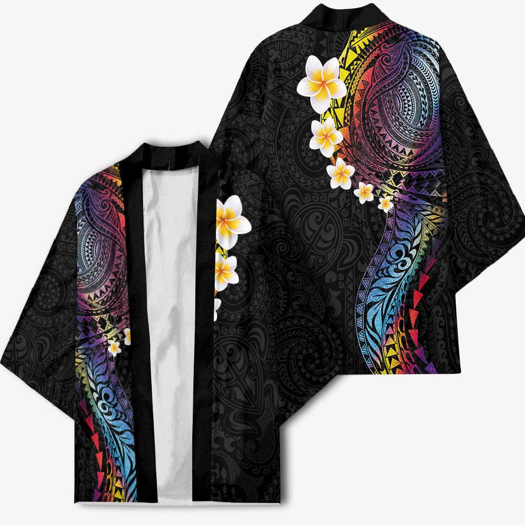 Hawaiian Tribal Tattoo and Plumeria Kimono Polynesian Pattern Rainbow