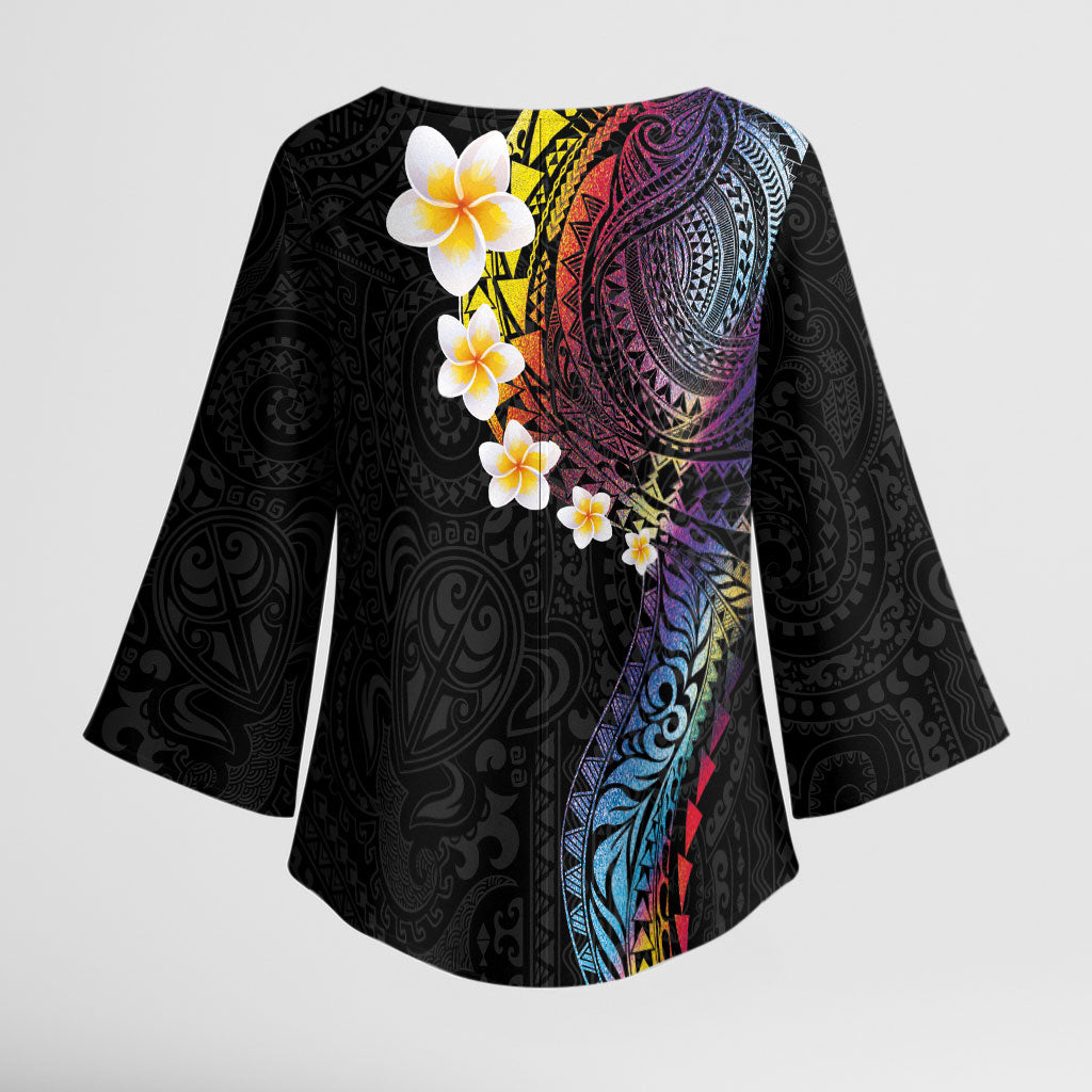 Hawaiian Tribal Tattoo and Plumeria Kimono Sleeve Blouse Polynesian Pattern Rainbow