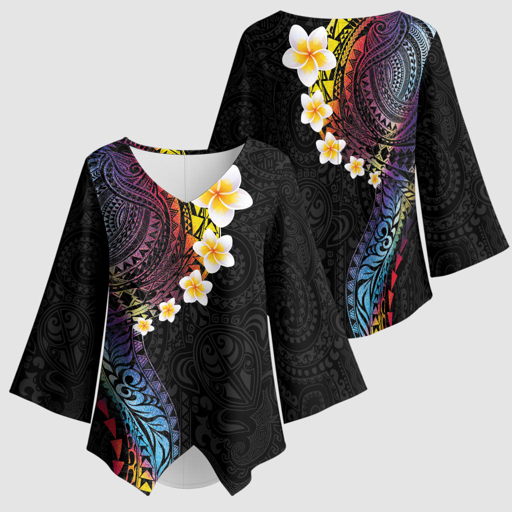 Hawaiian Tribal Tattoo and Plumeria Kimono Sleeve Blouse Polynesian Pattern Rainbow