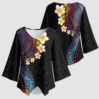 Hawaiian Tribal Tattoo and Plumeria Kimono Sleeve Blouse Polynesian Pattern Rainbow