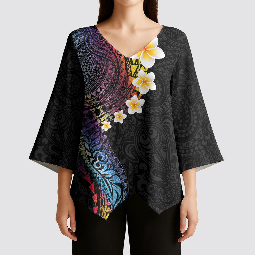 Hawaiian Tribal Tattoo and Plumeria Kimono Sleeve Blouse Polynesian Pattern Rainbow