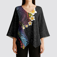 Hawaiian Tribal Tattoo and Plumeria Kimono Sleeve Blouse Polynesian Pattern Rainbow