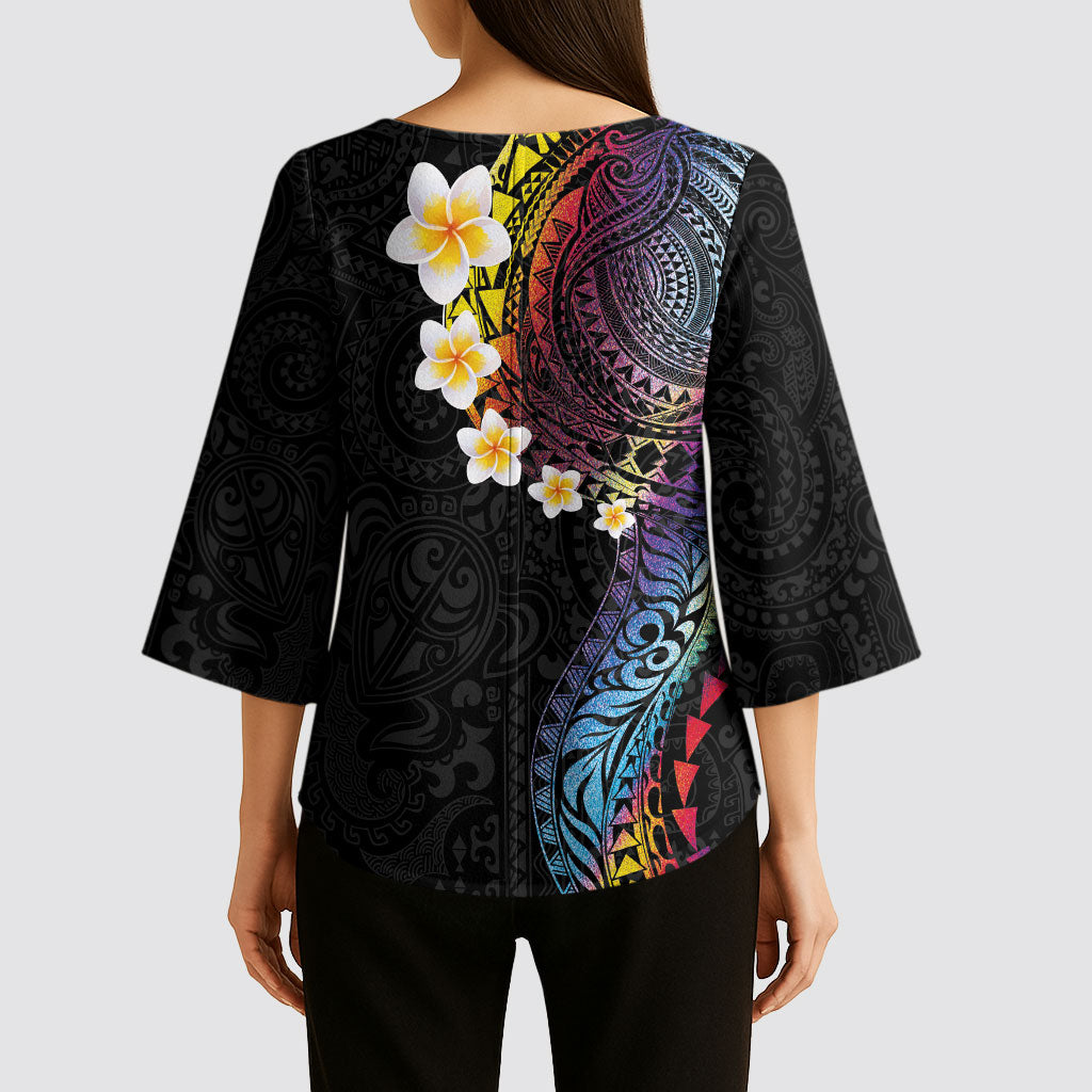 Hawaiian Tribal Tattoo and Plumeria Kimono Sleeve Blouse Polynesian Pattern Rainbow