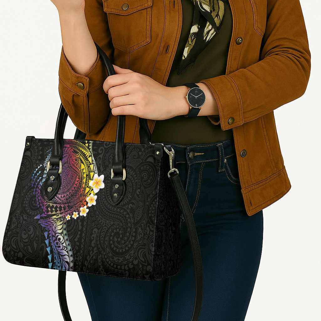 Hawaiian Tribal Tattoo and Plumeria Leather Bag Polynesian Pattern Rainbow