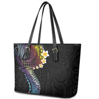 Hawaiian Tribal Tattoo and Plumeria Leather Tote Bag Polynesian Pattern Rainbow