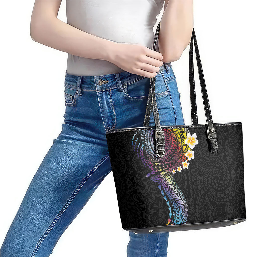 Hawaiian Tribal Tattoo and Plumeria Leather Tote Bag Polynesian Pattern Rainbow