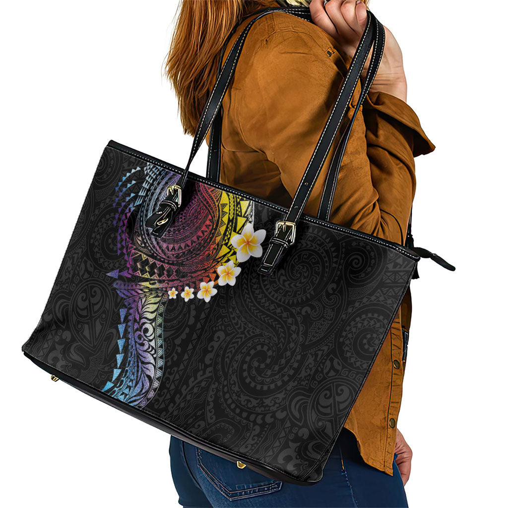 Hawaiian Tribal Tattoo and Plumeria Leather Tote Bag Polynesian Pattern Rainbow