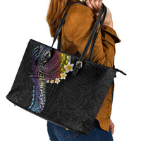 Hawaiian Tribal Tattoo and Plumeria Leather Tote Bag Polynesian Pattern Rainbow