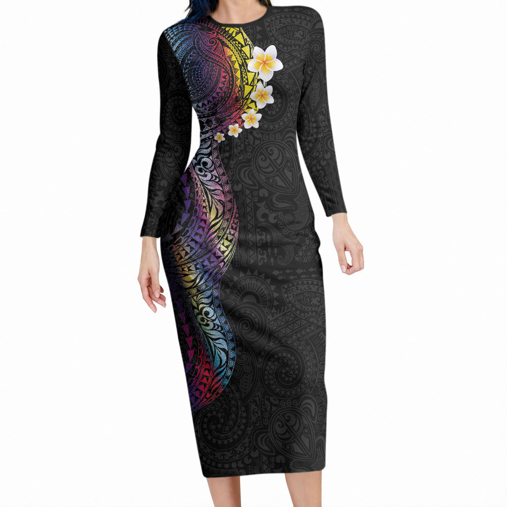 Hawaiian Tribal Tattoo and Plumeria Long Sleeve Bodycon Dress Polynesian Pattern Rainbow