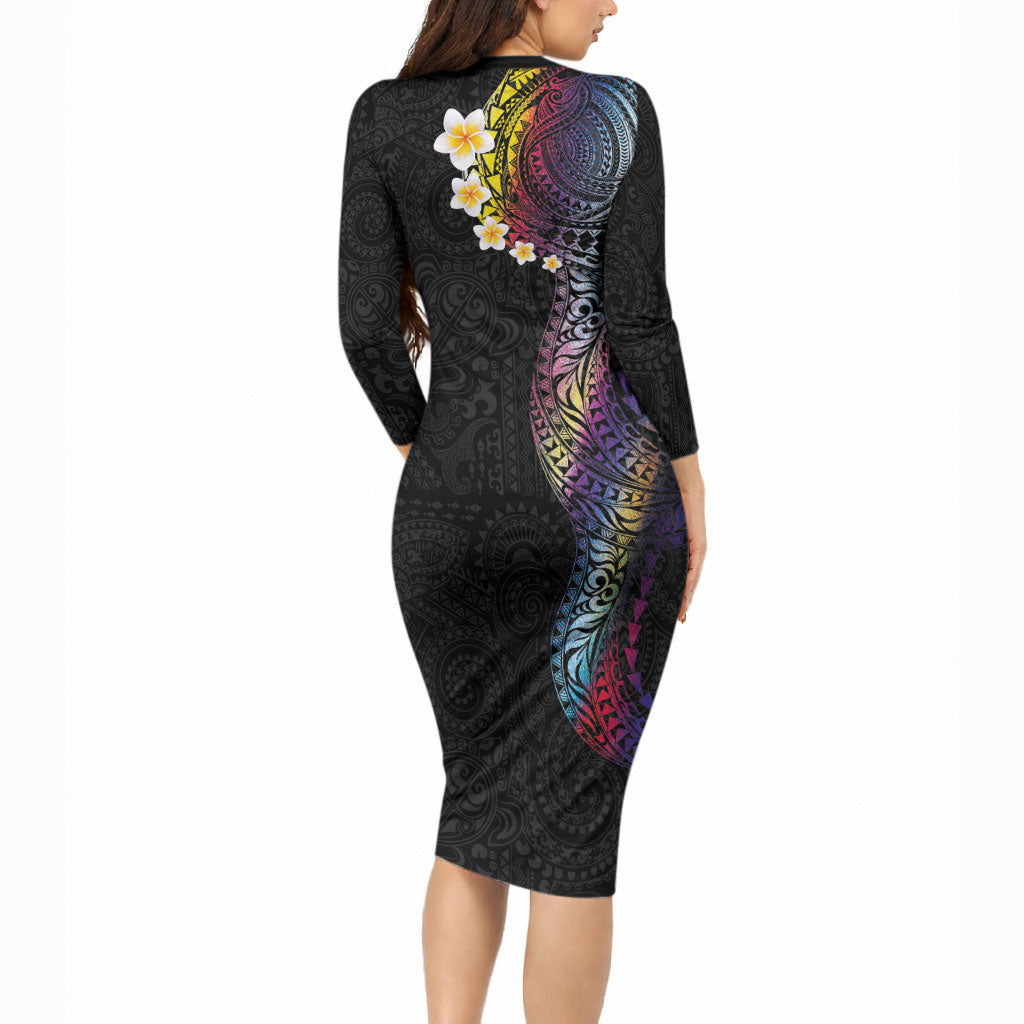 Hawaiian Tribal Tattoo and Plumeria Long Sleeve Bodycon Dress Polynesian Pattern Rainbow