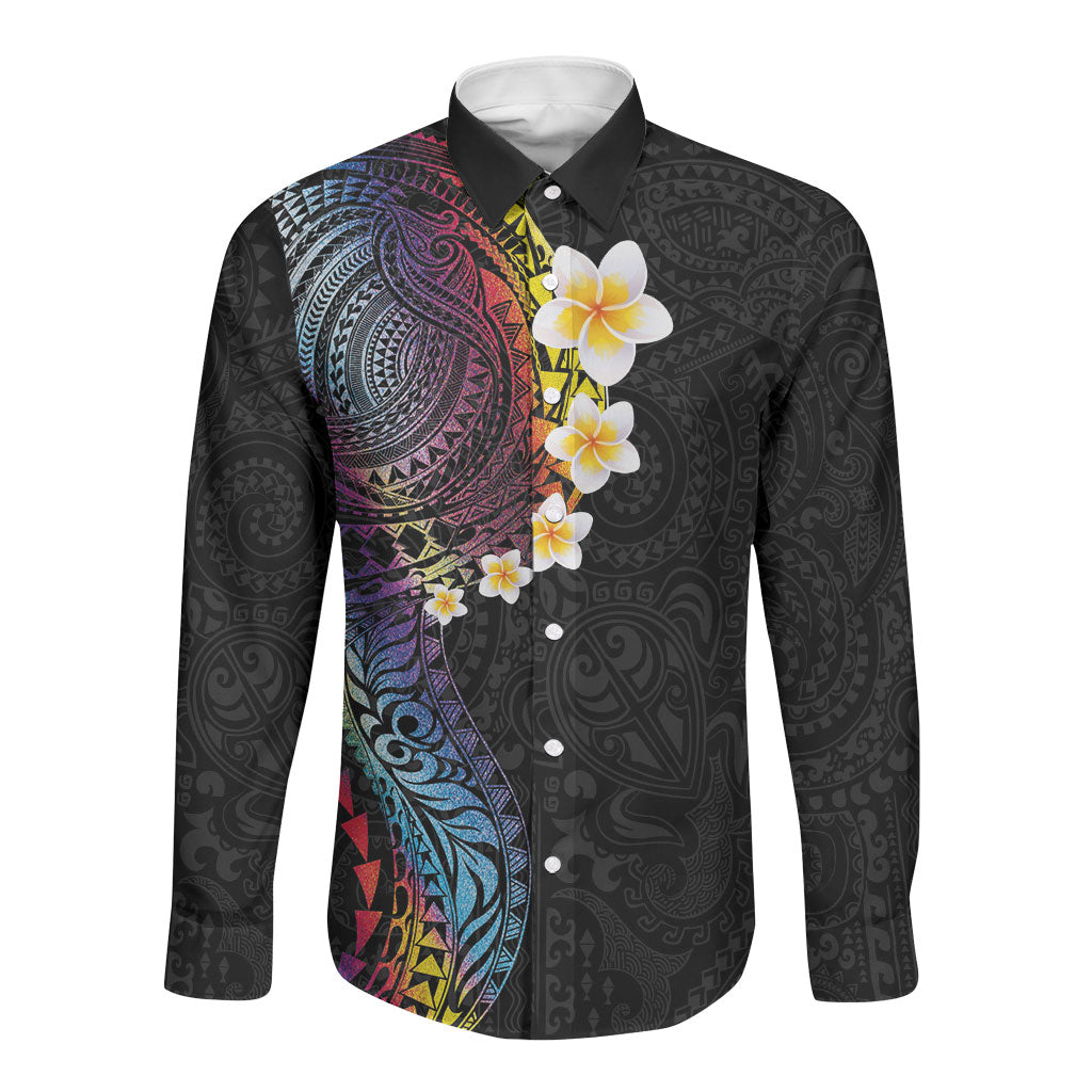 Hawaiian Tribal Tattoo and Plumeria Long Sleeve Button Shirt Polynesian Pattern Rainbow