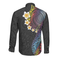 Hawaiian Tribal Tattoo and Plumeria Long Sleeve Button Shirt Polynesian Pattern Rainbow