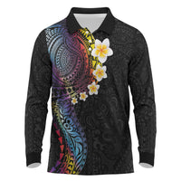 Hawaiian Tribal Tattoo and Plumeria Long Sleeve Polo Shirt Polynesian Pattern Rainbow