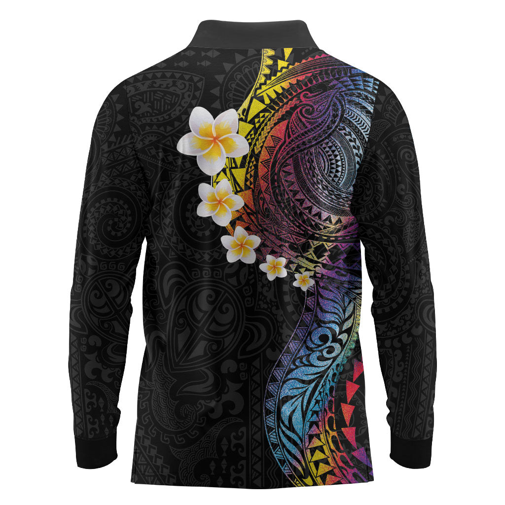 Hawaiian Tribal Tattoo and Plumeria Long Sleeve Polo Shirt Polynesian Pattern Rainbow